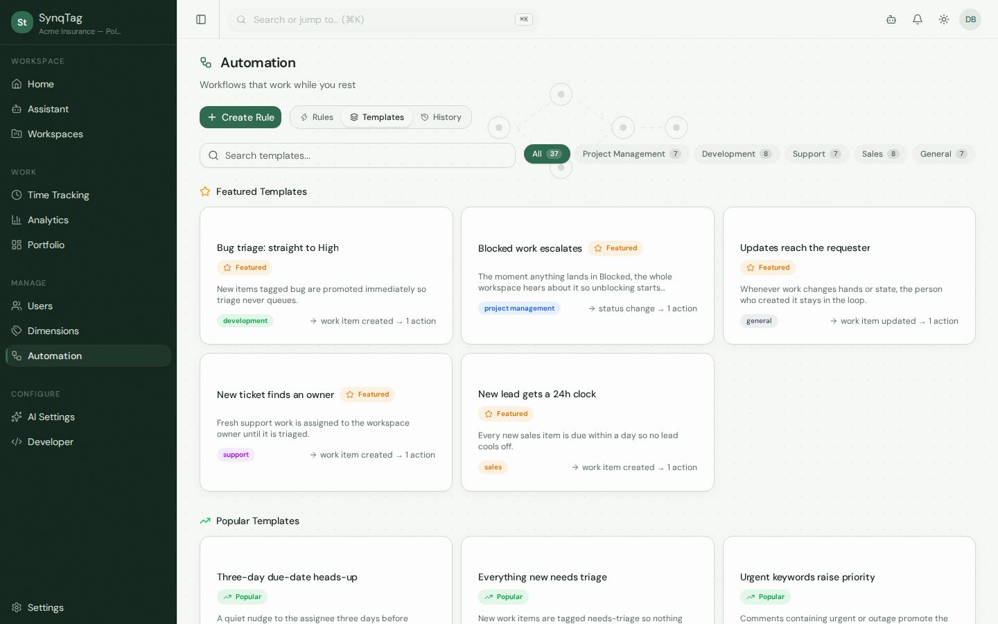 Featured automation templates including blocked-work escalation and bug triage