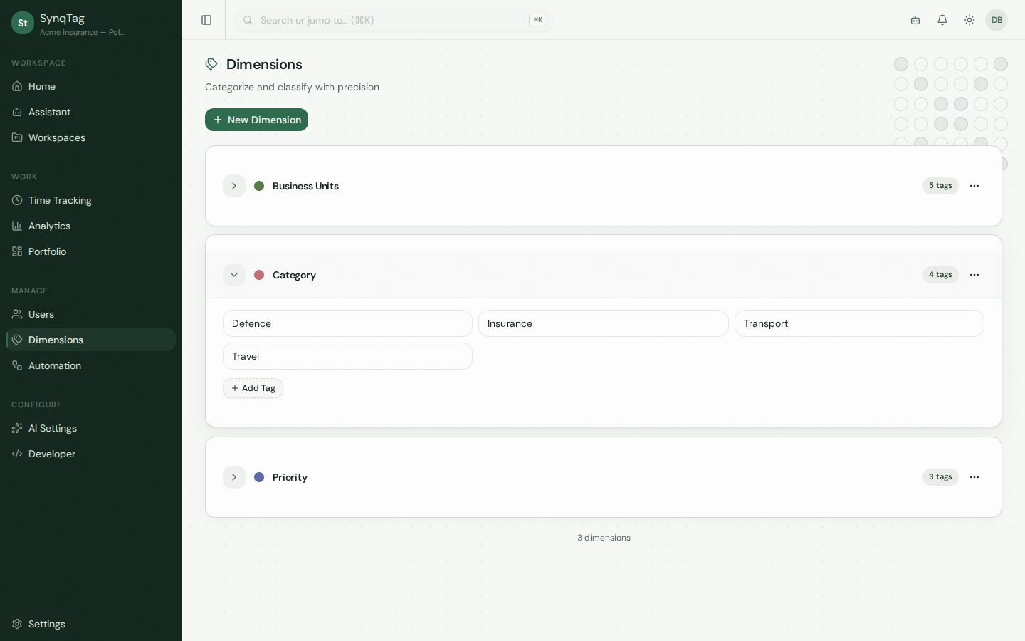 Three dimensions: Business Units, Category, and Priority