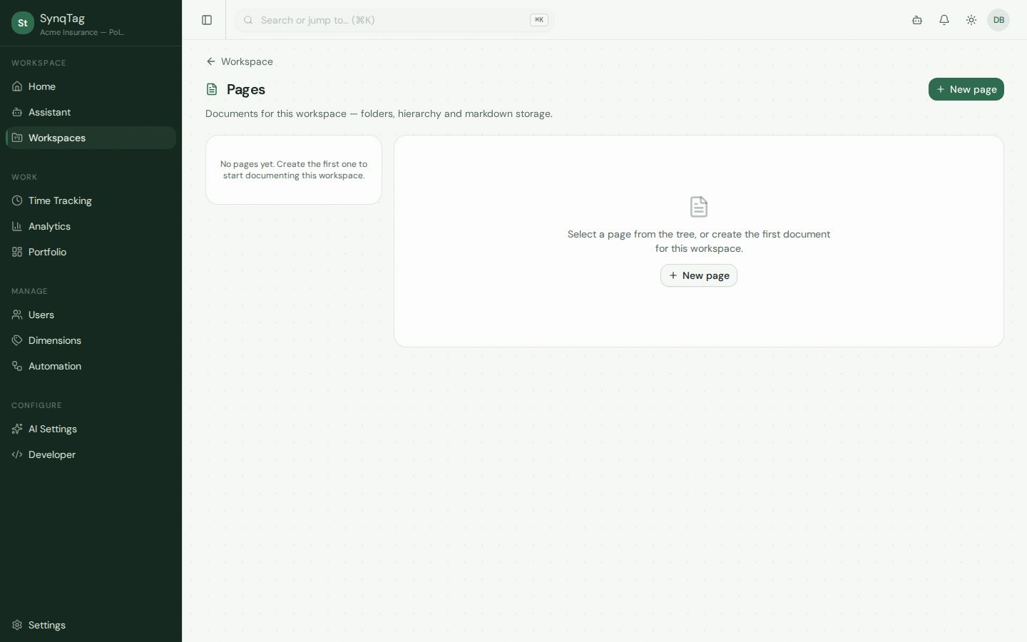 Empty pages screen for the Acme Insurance workspace, with a New page button
