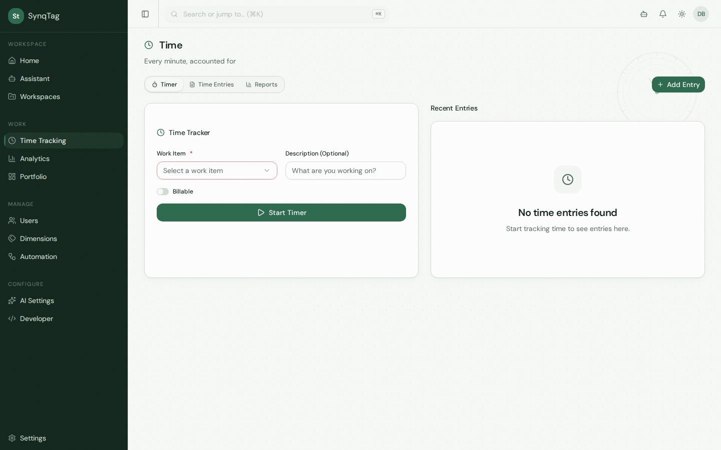 Time page with a timer, a work item picker, a billable switch, and an empty recent entries list