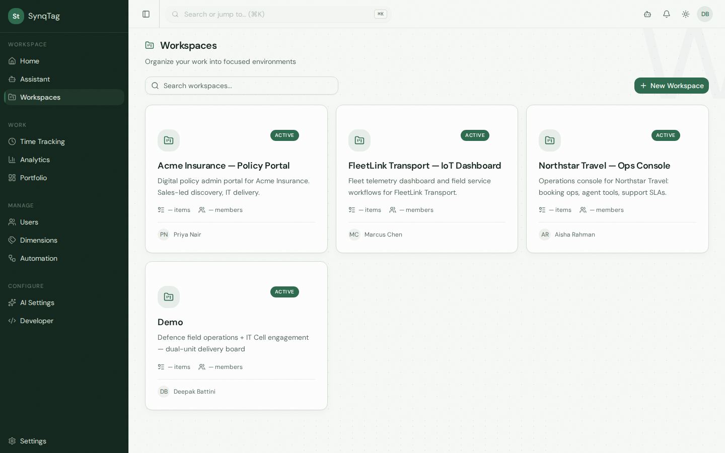 Four workspace cards in the demo organization